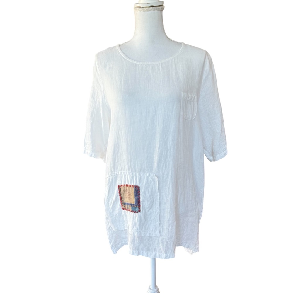 Small Linen Tunic Top Patchwork Pocket White - image 1
